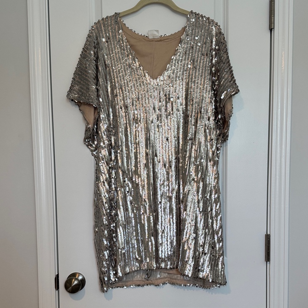 Elegant Silver Sequin V-Neck Dress